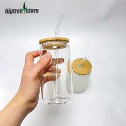 12oz Sublimation Glass Beer Mugs Glass Water Bottle Beer Stein Glass Tumbler Drinking Glasses With Bamboo Lid And Reusable Straw Iced Coffee Glasses 16oz FAST