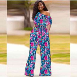 Summer Printed Jumpsuits Floral Irregular Shoulder Sleeves with Sashes Women Vacation Overall Female Bodysuit Plus Size XL 210416