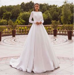 Elegant Satin Wedding Dresses Long Sleeve Lace Bride Gown Muslim Wedding Gown Covered Back Vestido de novia 2021