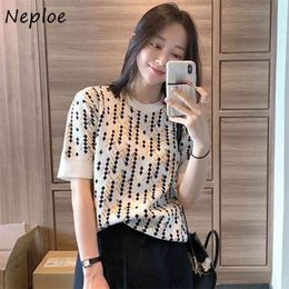 O Neck Pullover Short Sleeve Knit Sweater Women Hit Color Geometry Striped Pull Femme Spring Summer Loose Sueter 210422