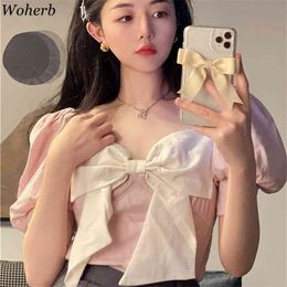 Sweet Puff Sleeve Womens Tops Korean Bow Bandage Blouse Summer Shirt Fashion Chic Cute Blusas Camisas Mujer 210519