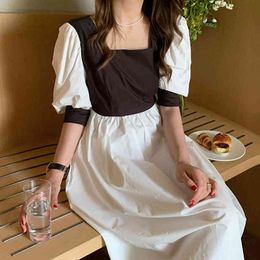 Korean Style Fashion Elegant Square Collar Contrast Colour Thinner Lantern Sleeve Dress Robe Women Summer 16W941 210510