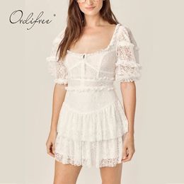 Summer Women Mini Party Short Sleeve Sexy Luxury Sundress White Lace Tunic Beach Dress 210415