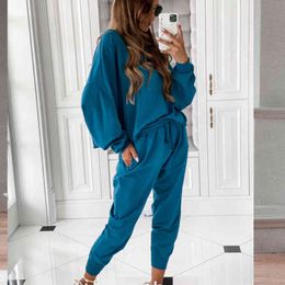 Autumn winter Casual 2 Piece Set Women Solid Colour Loose Pants set Long-Sleeve Sweater Set Two Piece Outfits for Women 210514
