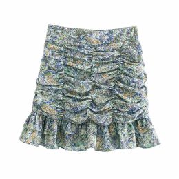 Evfer Women Spring Fashion Cascade Pleated Za Mini Skirts Chic Lady Elegant Floral Print High Waist Green Short Skirt 210421