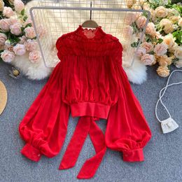 SINGREINY Design Chic Women Blouse Korean Fashion Puff Sleeve O Neck Solid Casual Blouses Spring Elastic Ruched Streetwear Tops 210419