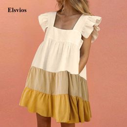 Elegant Butterfly Sleeve Ruffle Mini Dress Casual Square Collar Print Party Dress Women Summer Loose Pocket Beach Dress Vestidos Y0726