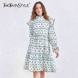 Casual Print Ruffles Dress Women Stand Collar Flare Long Sleeve High Waist Ruched Dresses Female Clothing 210520