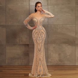 Champagne Beaded Mermaid Prom Dresses Long Sleeve Off The Shoulder Dubai Glitter Robe De Soiree Arabic Evening Dress 2021 Women Party Gowns Vestidos