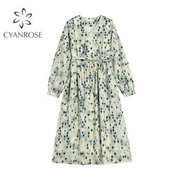 Summer Boho Style Vintage Elegant Flower Printing Women Long Sleeve Dress V Neck Loose Lady Beach Sundress Ropa Mujer 210515