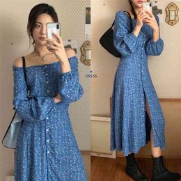 Korobov Korean Chic Slash Neck Long Sleeve Women Dress Vintage OL Single Breasted Female Dresses Summer New Print Vestidos 210430