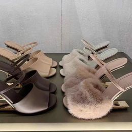newest Designer High heeled slippers sandals Fashion Mink hair Real wool heel shoes Genuine Leather sole 8.5 cm Heels women sandal slipper factory shoe