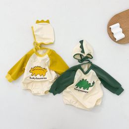 Newborn Baby Bodysuit Boys And Girls Dinosaur Jumpsuit Long Sleeve Cartoon Onesie Spring Autumn Cotton Soft Baby Clothes Hat 210413