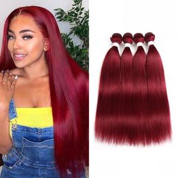 Colored Brazilian Straight Human Hair Weaves for Women 3/4 Bundles Red Burg Double Drawn Extensions