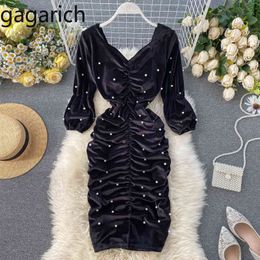 Gaganight Beading Ruched Women Short Bodycon Party Dress Black Long Sleeve V Neck Office Lady Banquet Dresses Chic Slim Vestidos 210519