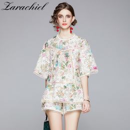 Elegant Flower Embroidery Lace Suit Women Batwing Sleeve Hollow Out Shirt Top + Wide Leg Shorts Runway Summer Two Pieces Set 210416