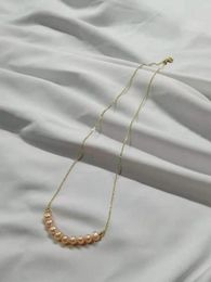 Simple 9 pearls smile necklace 5-6mm 45cm pink freshwater pearl golden color chain accessories 2pc/lot