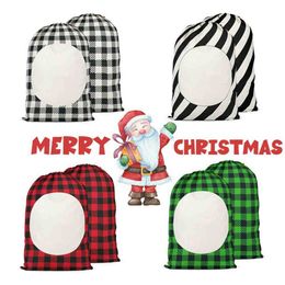 Sublimation Blank Drawstring Bag DIY Christmas Eve Day Party Gift Bags Stripe Plaid Double Sided Printing Linen Packing Storages Hand Tote Ornaments G995ZW6