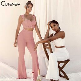 Cutenew Knitted Elegant Fashion 2 Piece Set Women Buckle Tank+Flare Pants Solid Corset Loose High Waist Stretchy Bottoms Outfits Y0625