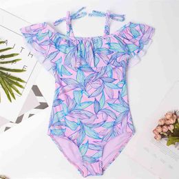Brand Leaf Print Girl Swimsuit Summer Girls Kids Swimwear Children Beachwear Kid Swimming Suit Monokini A273 210712