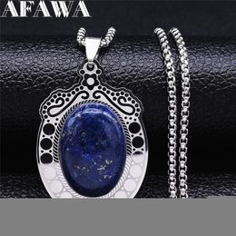 bohemia blue UK - Pendant Necklaces Bohemia Flower Oval Blue Natural Stone Stainless Steel Chain Necklace Women Silver Boho Jewelry Collier Femme N2202