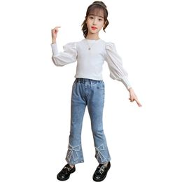 Kids Clothes Girls Blouse + Jeans Clothing Big Bow Girl Casual Style Children's 210528