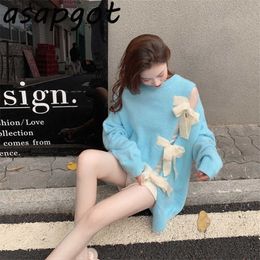 Sweaters&Jumpers Pullovers Blue Bow O Neck Full Off The Shoulder Knitted Tops Loose Spring Casual Mid Length Drop 210610