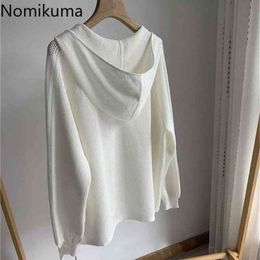 Nomikuma Spring Summer Thin Hooded Knitted Sweatshirt Causal Korean Hollow-out Hoodies Top Long Sleeve Women Jumpers 6G036 210427