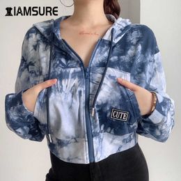 IAMSURE Korean Fashion Streetwear Outfits Tie Dye Cropped Hoodies 2020 Autumn Long Sleeve Casual Zipper Up Women's Sweatshirts Y0820