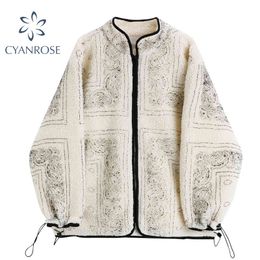 Vintage Print Sheepskin Coat Women Winter Zipper Pocket Thick Warm Lambswool Jacket Korean Style Oversize Female Outwear 210417