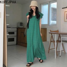 Korejpaa Women Dress Summer Korean Chic Western Style Sweet Small Floral Round Neck Loose Tie Flying Sleeve Doll Vestidos 210526