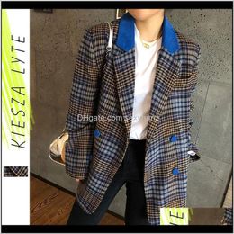 Wool Blends Outerwear Clothing Apparel Drop Delivery Womens Blazers Blue Plaid Coats 2021 Spring Vintage Patchwork T Corduroy Checkered Wild