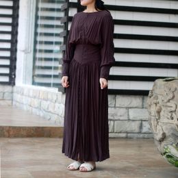 Johnature Chinese Style Women Dress Button Vintage Robes Spring High Waist Long Sleeve O-Neck Cotton Soft Maxi Dress 210521