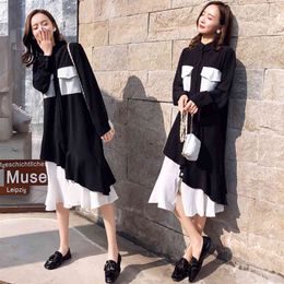 Casual Fashion Lapel Single Breasted Pocket Stitching Robe Black Shirt Dress All-match Women Summer 16W1415 210510
