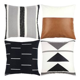 -Cubiertas de silla con almohada de tiro decorativo solo para sofá sofá o juego de cama de 4 18x18 pulgadas de diseño moderno y peluche corto blanco geométrico