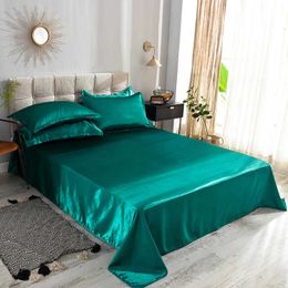 Satin Bed Linen Flat Sheet and Pillowcases Soft Solid Color Silk Bed Sheet Double Couple King Full Queen Bedspread 1/3pcs set 210626