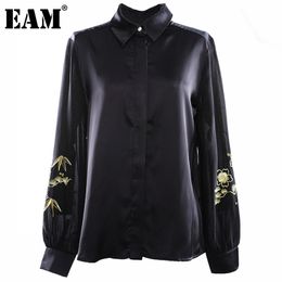 [EAM] Women Black Big Size Embroidery Blouse Lapel Long Sleeve Loose Fit Shirt Fashion Spring Autumn 1DD6424 21512