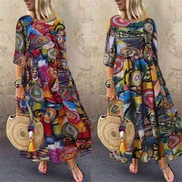 2021 Autumn Summer DrWomen Vintage Vestidos ZANZEA 2021 Pleated Printed Long Maxi Dresses Tunic Plus Size Femme 3/4 Sleeve X0529