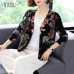 YISU Women Casual soft Cardigan Autumn Winter Knit Top Soft Sweater Coat Long sleeve V-neck Floral print knitted cardigan 210914
