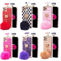 Luxury Bling Full Diamond Winter Style Fur Ball Perfume Bottle Cases With Chain Lanyard For iPhone 12 Mini 11 Pro MAX 8 7 6 Samsung S8 S9 S10 S20 Plus S21 Ultra Note 10 20