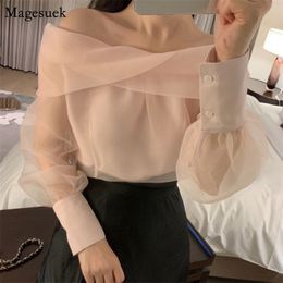 Korean Chic Elegant Off Shoulder Mesh Blouse Women Blusas Long Sleeve Solid Shirt Tops See Through Sexy Slim Blouses 13412 210512