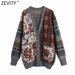 Women Vintage Patchwork Print Crochet Cardigans Sweater Ladies Chic Retro Pockets Knitting Casual Loose Tops CT672 210420
