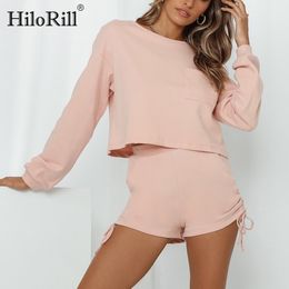 Tracksuit Women 2 Piece Set Home Style Casual Long Sleeve Crop Top Fashion Drawstring Shorts Sport Outfit 210508