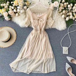 Women Sweet Short Puff Sleeve Chiffon Dress Female Summer Fashion Square Neck Elegant Vestidos L882 210527