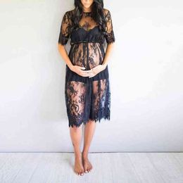 Fashion Maternity Dress Women's Black Short Sleeve Sexy O-Neck Lace Photography Shoot Pregnancy Summer Daily Clothes G220309