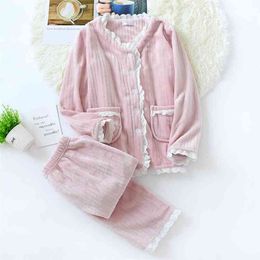 JULY'S SONG New Fashion Warm Flannel Pajamas Set Women Winter Autumn Pajama Lace Pink Sleepwear Thick Soft Homewear For Ladies 210330