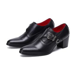 Mens Long High Heels Black Genuine Leather Formal Business Oxford Men Slip On Buckle Wedding Shoes Male Dress Sapato Masculino