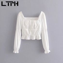 simple vintage white blouse long sleeves square collar short slim fit thin tops ruffles Poplin women shirts summer 210427