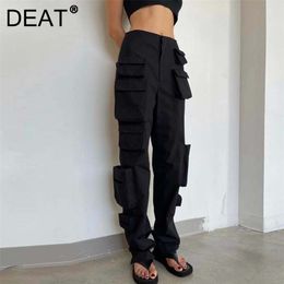 DEAT Autumn Functional Wind Heavy Industry High Waist Straight Pants Black White Thin Multi Pocket Overalls 7I0208 211105