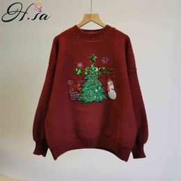 Women Casual Sweater Cartoon Pullovers Christmas Tree Oversized Pull Jumpers Long Sleeve Sequined Snowman Tops 210430